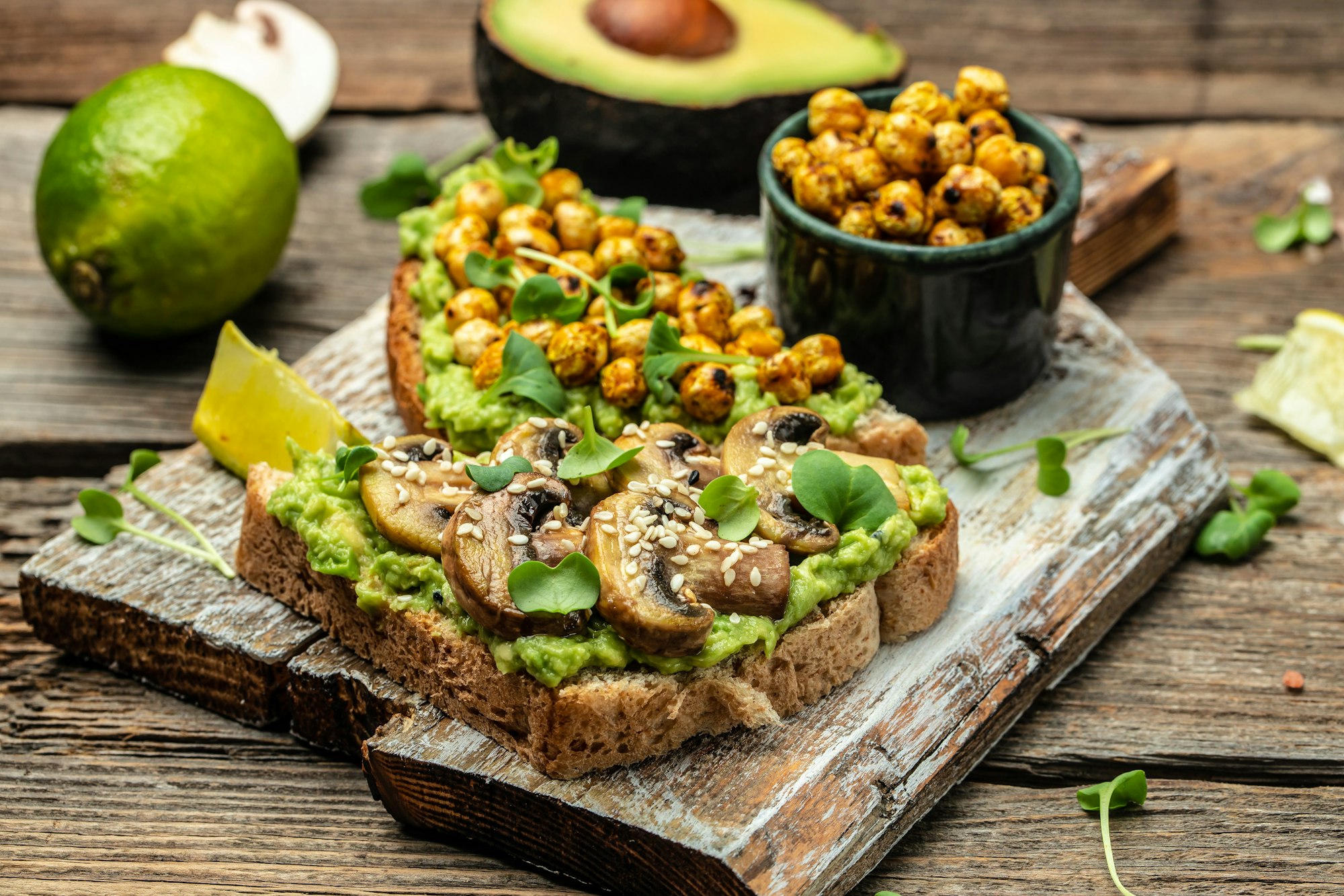 vegetarian sandwiches with avocado guacamole, chickpeas and mushrooms,